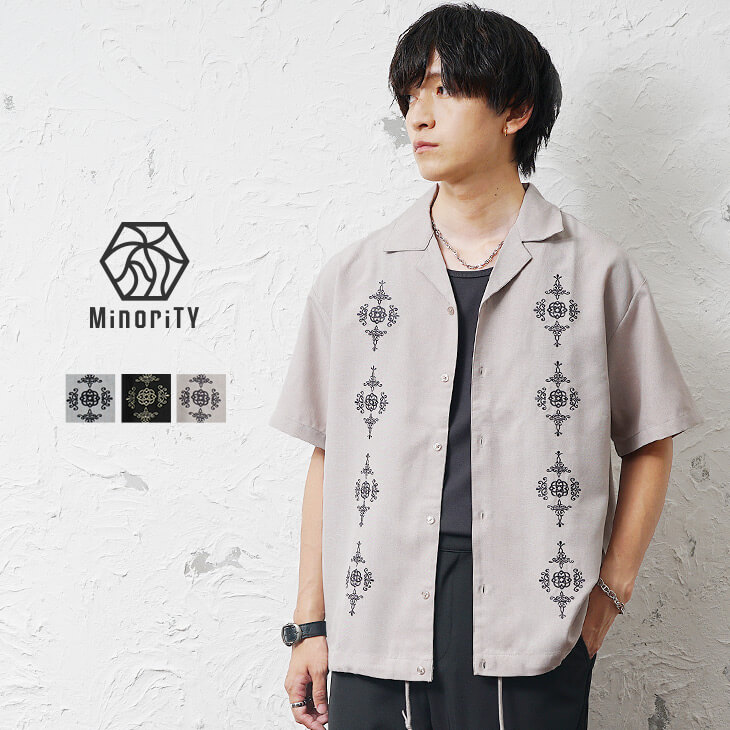 サイド刺繍半袖キューバシャツ