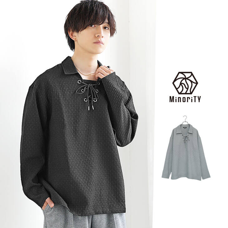 シアサッカーレースアップポロシャツ