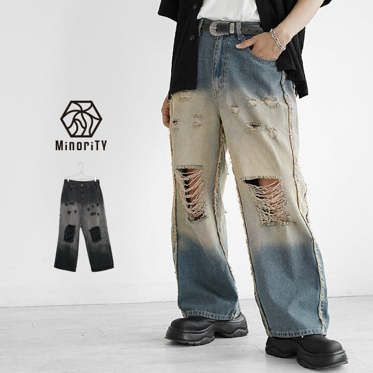 サイドフリンジグラデーション加工バギーデニムパンツ