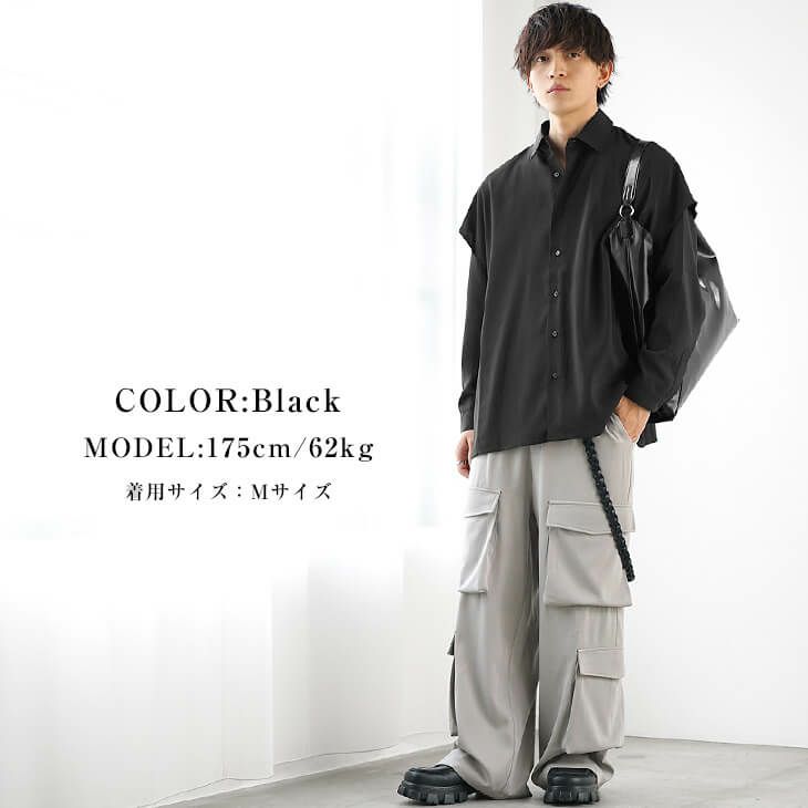 ブラックシャツとカーゴパンツのモードミリタリースタイル