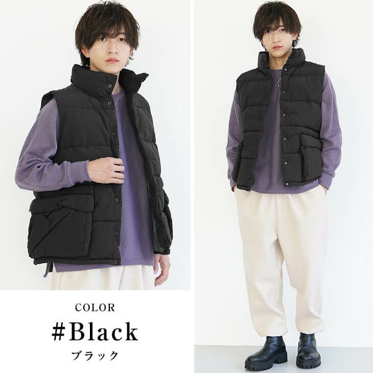 中綿ベストとパープルロンTの秋冬フェスコーデ