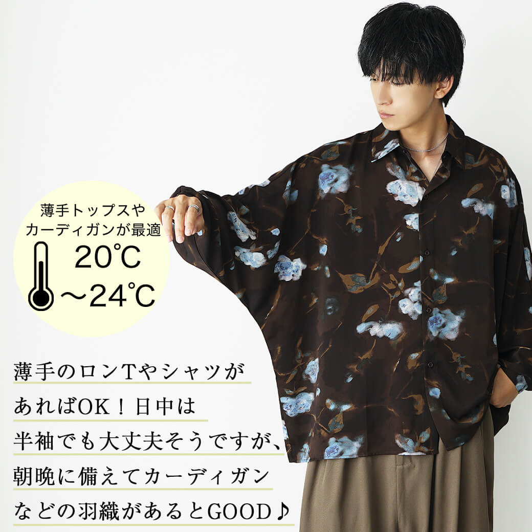 20〜24℃：シャツ1枚で快適。日差し・湿度に注意する季節