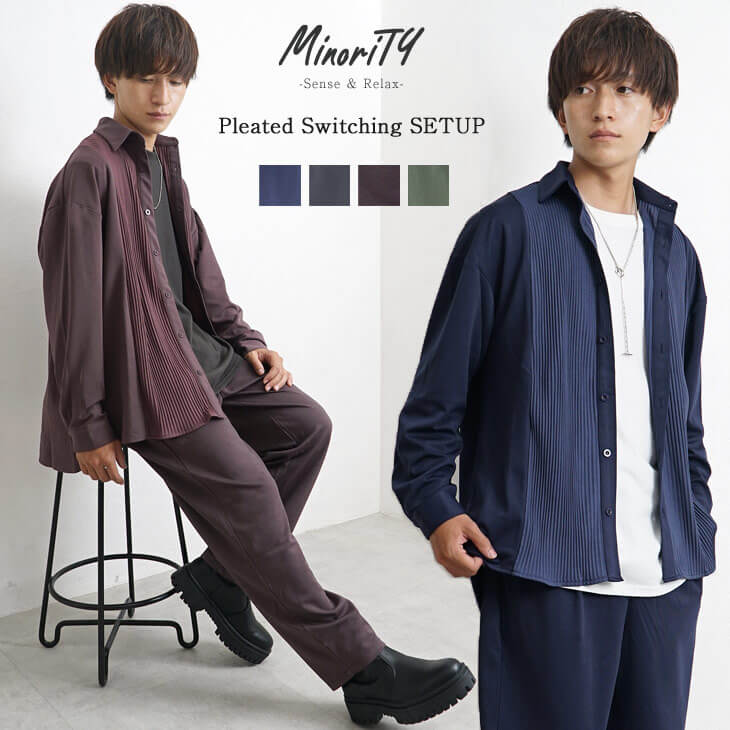 プリーツ切替とろみシャツ/長袖+とろみテーパードパンツ【ssh5585a】